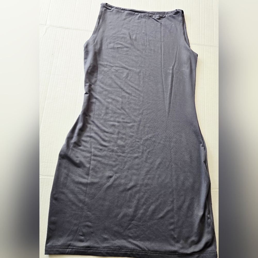 Gray Summer Sleeveless Boat Neck Mini Dress Slim Fit Bodycon Dress M - Picture 3 of 11